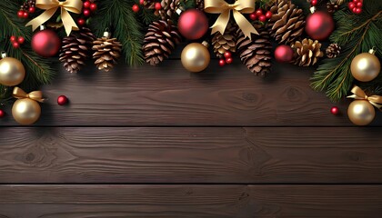 Realistic wooden background with Christmas decorations, pine cones, berries, golden ribbons.