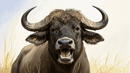 Naklejka premium Stormborn Majesty: buffalo’s vigil buffalo smile happy isolated watercolor vector illustration svg 
