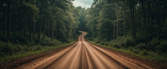 Winding dirt road through dense forest wide angle panoramic view horizontal symmetric background.