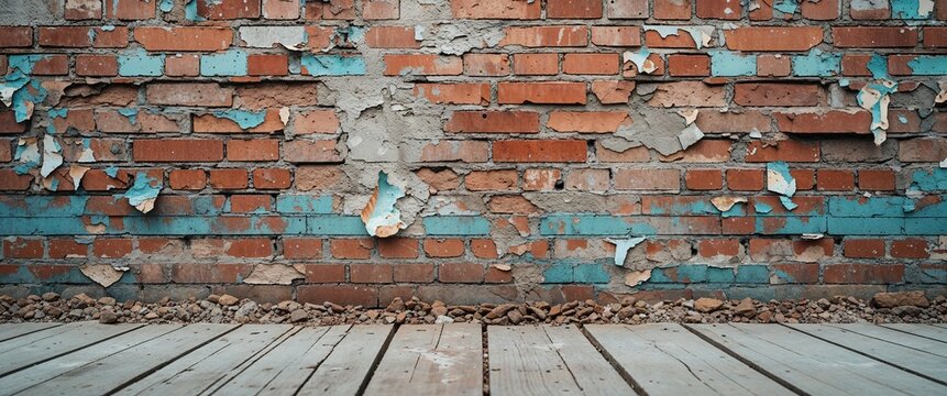 Worn brick wall with peeling paint wide angle panoramic view horizontal symmetric background.