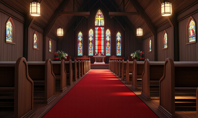 Beautiful interior of a church with stained glass windows and wooden pews.