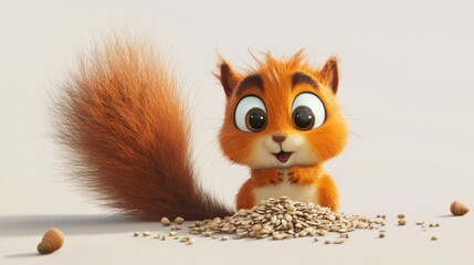 Obraz premium 3D Rendered Squirrel Surrounded by Nuts on Isolated Background, Delightful Digital Artwork of a Cute Rodent