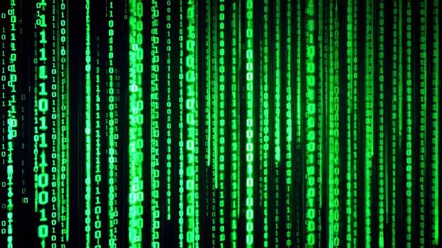 Abstract digital background of cascading green binary code with a futuristic aesthetic