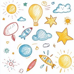 Colorful Hand-Drawn Doodles of Sun, Stars, Clouds, Rockets, and Light Bulbs on White Background for Kids and Education Themes