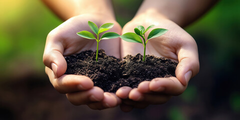 Hands holding young green plants in soil symbolizing growth and sustainability.