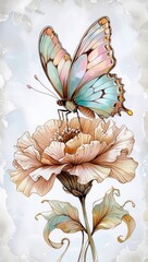 hand drawn butterfly on flower pastel watercolor style illustration