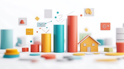 Obraz premium Clean 3D flat illustration of an asset allocation breakdown, vertical stacked bar with labeled segments and floating icons—graph for stocks, house for real estate, paper for mutual funds,