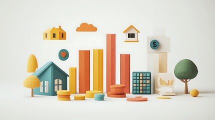 Clean 3D flat illustration of an asset allocation breakdown, vertical stacked bar with labeled segments and floating icons—graph for stocks, house for real estate, paper for mutual funds,
