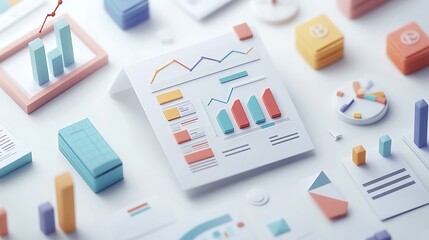 Fototapeta premium Clean 3D illustration of an earnings report concept, minimal charts, envelope and calendar icons integrated smoothly, white space-rich background. Created Using: vector stylization process,