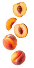Peach slices and halves in mid-air isolated on transparent background