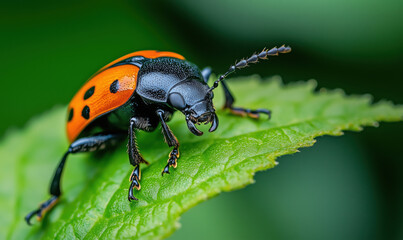 Fototapeta premium Close-up of vibrant orange and black beetle on green leaf with detailed features.