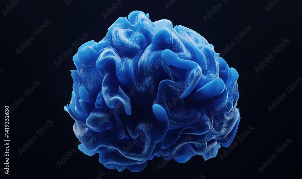Poster abstract blue brain-like structure with swirling patterns and smooth textures.