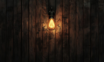 Vintage light bulb glowing against rustic wooden wall background.