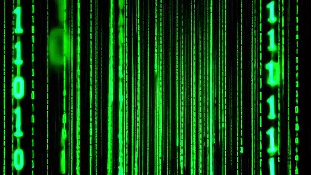 Abstract digital representation of green binary code cascading down a dark background, symbolizing data flow