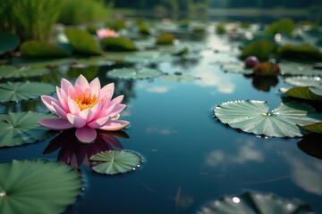 Water lilies and other aquatic plants form a natural floral pattern on the lake's surface, organic, image, pattern