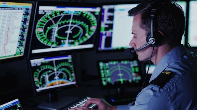 Air Traffic Controller Monitoring Flight Paths in Control Room  