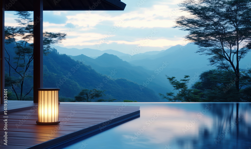 Poster serene mountain view at twilight with illuminated lantern by infinity pool.
