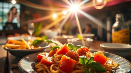 Photorealistic high-quality image bright lens flare, long exposure of italian cuisine. light streaks, vibrant colors, motion trails