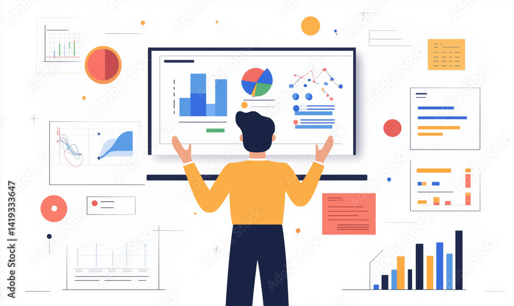 Poster data analysis and visualization concept with charts and graphs on screen.