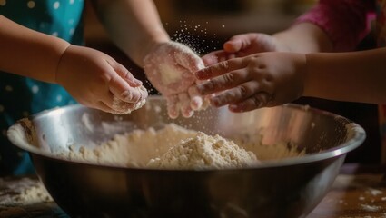 Fototapeta premium Children Baking: Floury Hands in the Bowl