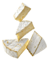 Camembert cheese slices in mid-air isolated on transparent background