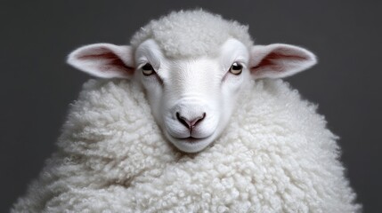 Fototapeta premium Close-up of a fluffy white sheep, portrait against a muted backdrop. Dense fleece, focused on the animal's face and upper body, conveying a sense of calmness and innocence