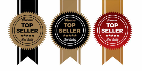 Top seller badge set three premium top seller badges in black, gold and red with ribbons, ideal for e-commerce and marketing.