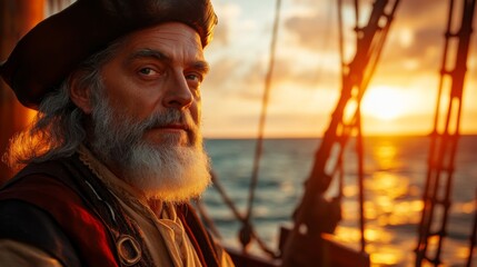 A seasoned pirate gazes thoughtfully at the horizon. His face tells stories of adventure and the sea. The sunset adds a magical touch to the scene. Generative AI