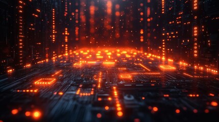 Fototapeta premium High-tech circuit board overlay with floating data symbols in a digital financial concept background 