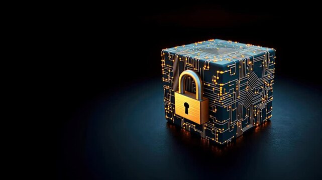 A 3D cube with a padlock and circuit patterns on a dark background symbolizes AI enabled blockchain, emphasizing crypto security