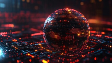 Digital wireframe globe surrounded by data streams and fintech abstract icons background 
