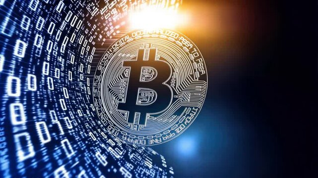 Bitcoin logo encircled by numbers and binary code signifies AI enabled blockchain, reflecting crypto and cyber security themes