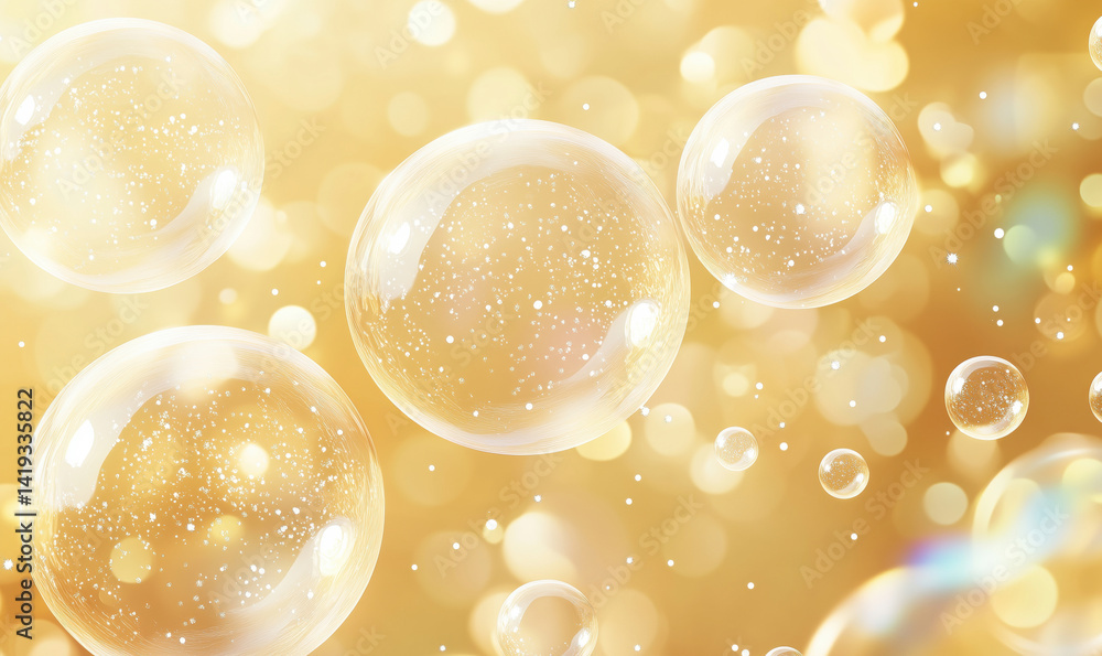 Poster golden bubbles floating in a dreamy background with sparkling light effects.