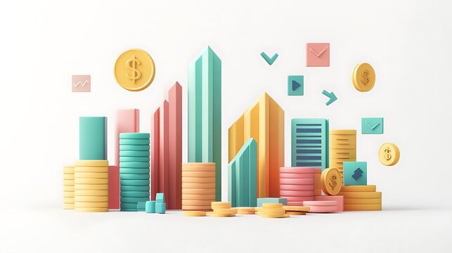 Minimal flat 3D infographic of personal finance portfolio, colorful bar chart with labeled investment types—stocks, real estate, mutual funds, icons floating near each, white background.