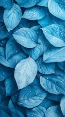 Obraz premium Close-up of blue leaves with water droplets background for textures, design, web pages, and screensavers