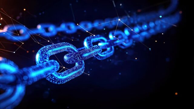 Blue digital chain with glowing links on a dark backdrop represents AI enabled blockchain, emphasizing crypto security