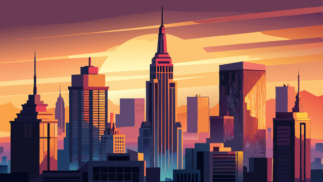 Stylized New York City Skyline at Sunset &ndash; Vibrant Vector Illustration with Empire State Building