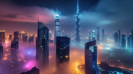 Bright city lights shining through the fog around tall skyscrapers, creating a dreamy nighttime atmosphere