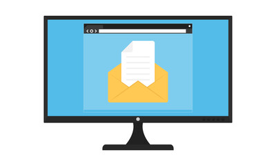 Email notification on computer screen. Minimalist flat style vector illustration depicting a computer monitor displaying an email notification icon within a web browser window