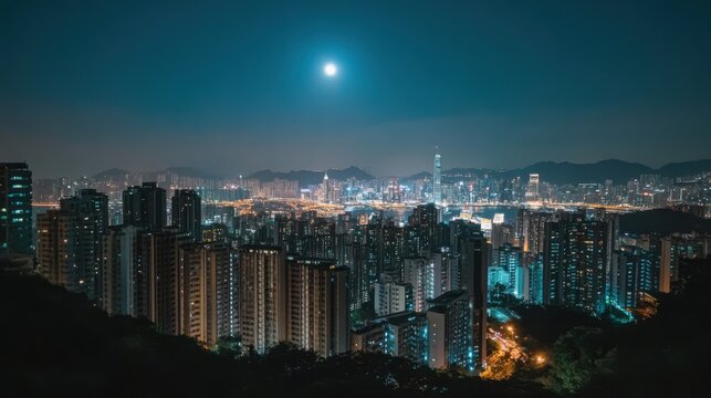 Distant view of a megacity glowing under the moonlight, high-rise buildings stretching across the horizon