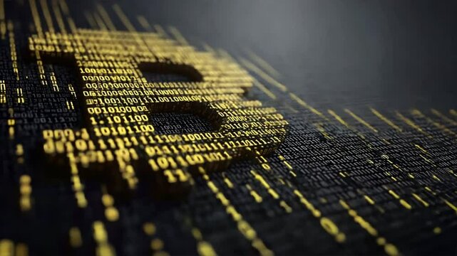 Bitcoin symbol formed from binary code and blocks, illustrating AI enabled blockchain and cyber security in the crypto world