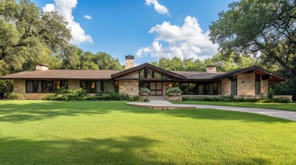 Modern Ranch-Style Home with Stone Exterior and Large Front Lawn