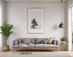 Fototapeta premium Modern living room, white wall, poster mockup on wooden clips , clip, design, wall