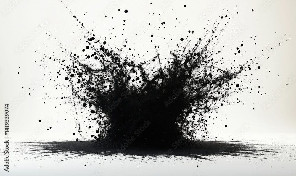 Poster black ink explosion creating dynamic abstract art on white background.