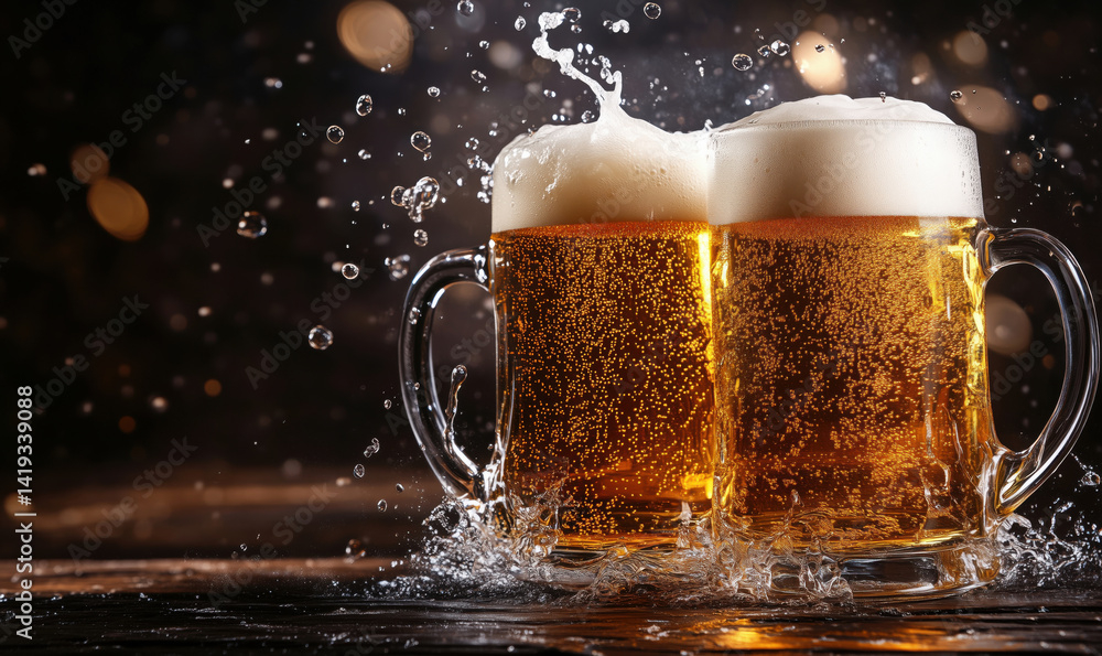 Poster refreshing beer mugs splashing with foam and bubbles in a dark setting.