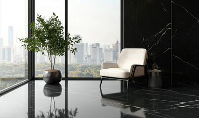 Modern minimalist interior design with black marble flooring and city view.