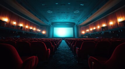 Naklejka premium People in the cinema auditorium with Cinema blank wide screen and red chairs in the cinema hall,People silhouettes watching movie performance,empty white screen,space for text,copy space.
