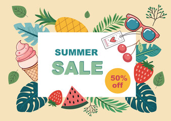 poster with Sunglasses, Watermelon, Ice Cream, Fruits and Tropical leaves
