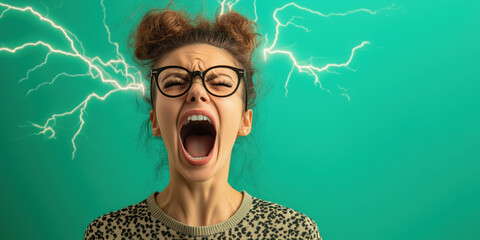 Woman screaming with lightning effects representing frustration and stress.