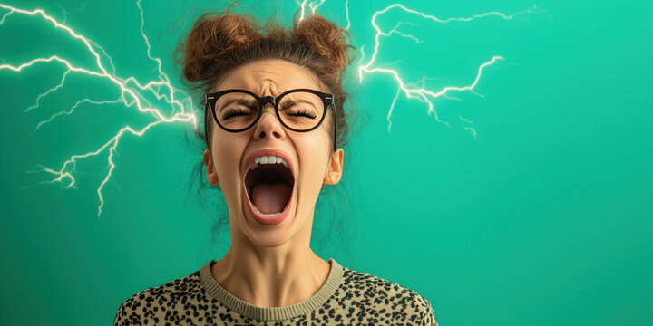 Woman screaming with lightning effects representing frustration and stress.